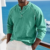 voordelige Casual Henley-T-shirt-Voor heren T-shirt Henley-shirt Overhemd van 100% katoen met zure wassing Lange mouw Effen Effen kleur Vintage Streetwear Casual Kledingstuk geverfd Bleek Puur Opstaand Henley Casual Huis Straat