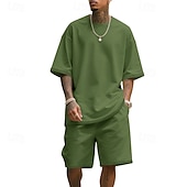 tanie Zestawy koszulek męskich Basic-Męskie T-shirt Garnitury 2 sztuki stroje Koszulka i spodenki Krótki rękaw Półgolf Lato Równina Moda Codzienny 2-częściowa Codzienny Urlop Dzienne zużycie Zgniła zieleń Czarny Biały Top Tee dla