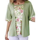 preiswerte Blumenblusen-Damen Bluse Patchwork Blumen Elegant Urlaub Lässig Halbarm Quadrathals Normale Oberteile Täglich Himmelblau Purpur Grün Khaki Sommer Frühling