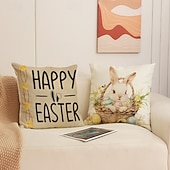cheap Throw Pillows &amp; Covers-Set of 4 Easter Happy Egg Bunny Pillow Covers Linen Throw Cushion Covers Spring Holiday Decorative Sofa Pillow Covers