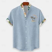 preiswerte Tropische Pflanzen-Herren Kokospalme Tropische Pflanzen Blumen Sommer Hawaiihemd Knopfhemd Stehkragenhemd Kurzarm Hawaiianisch Strandurlaub Sommer Frühling Mandarinkragen 3D-Druck Leinenähnliches Hemd Blau Rosa Grün