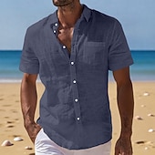 Voor heren Linnen overhemd Zomer overhemd Strand Kleding Overhemd met knopen Effen Casual Vakantie Zwart Wit Marineblauw Hemelsblauw Korte mouw Strijkijzer Zomer Kleding Zak
