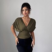economico Bluse Semplici-Per donna Blusa Tinta unica Semplice Elegante Vintage Moda Manica Corta Scollo a V Scollo profondo Top Regolari Rosso violaceo Marrone caffè Nero Verde militare Estate Primavera