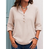 baratos Blusas Simples-Mulheres Blusa Botões Côr Sólida Diário à moda Casual Manga Longa Decote V Tops regulares Diário Preto Branco Roxo Verde Primavera Outono