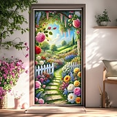 baratos Tampas da porta-Capa para porta com estampa de jardim de rosas, caminho de cerca de estacas com flores em 2D, decoração elegante para entrada de casa, perfeita para porta da frente ou hall de entrada.