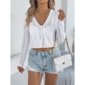 preiswerte Einfarbiger Cardigan-Damen Pullover Strickjacke Urlaub Mode Lässig Einfarbig Gehäkelt V Ausschnitt Schnürung Gestrickt Langarm Crop Tops Stricken Täglich Outdoor Wochenende Schwarz Weiß Sommer Frühling