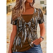 abordables Blusas a rayas y geométricas-Mujer Camiseta Camiseta superior Retazos Estampado Bloque de color Moda Elegante Casual Manga Corta Cuello Barco Tops regulares Diario Noche Fin de semana Azul Piscina Negro Vino Verde Trébol Café