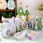 cheap Easter-1pc Easter Bunny Tin Box, Colorful Metal Cookie Candy Box, Cartoon Rabbit Gift Container for Kids, Easter Decoration