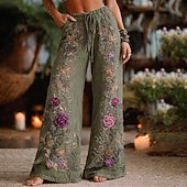  女性用 ワイドレッグ パンツ パラッツォパンツ ファッション ボヘミアン 全長 ハイウエスト フラワー ドローストリング 弾性ウエスト プリント 通気性 快適 ストリート デイリーウェア お出かけ ブルー アーミーグリーン オレンジ グリーン 春 秋 レギュラー