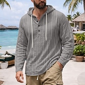 economico Vacanza-Per uomo Camicia Camicia di lino Camicia Estiva Abbigliamento da spiaggia Camicia con cappuccio Camicie a righe Tinta unica Casuale Vacanza Nero Bianco Blu marino Cachi Manica Lunga Felpa con