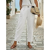  Femmes Pantalon en coton et lin Slacks Pantalon d'été 100% Coton Uni Classique Longueur cheville Taille Moyenne Avec Poches Bouffant Conception à cordon élastique Confort Respirabilité Doux