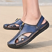 cheap Casual Sandals-Men's Brown Faux Leather Closed-Toe Sandals, Hand-Stitched Breathable Casual Shoes for Summer Outdoor &amp; Beach Wear