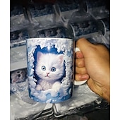 levne Šálky a hrnečky-Hrnek na kávu o objemu 293 ml s roztomilým 3D motivem kočky, králíka a ptáka, termohrnek z keramiky, opakovaně použitelný, pouze ruční mytí, rozkošný zvířecí design s květinami, perfektní dárek ke