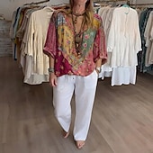 abordables Tops Boho-Mujer Camisa Camisas de algodón y lino camisa boho Blusa Retazos Estampado Floral Graphic Bohemia Elegante Étnico Media Manga Escote en Pico Tops regulares Diario Festivos Noche Rojo Verano Primavera