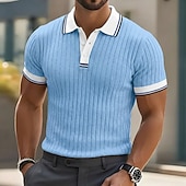 economico Polo classica da uomo-Per uomo Testurizzato Maglia da golf Casuale Lavoro Bavero Colletto Polo a Coste Manica Corta Essenziale Moderno Blocco di colori Patchwork Bottoni Primavera &amp; Estate Vestibilità aderente Blu Bianco