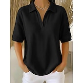  Damskie Podkoszulek Koszulki polo Koszulki Swetry w wafelkowatej dzianinie Równina Moda Elegancki Podstawowy Krótki rękaw Kołnierzyk koszuli Zwykłe topy Codzienny Wyjściowe Weekend Niebieski Czarny