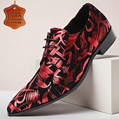 tanie Elementarne Buty Eleganckie-Oryginalne skórzane, czerwone, męskie buty wizytowe z artystycznym nadrukiem, wyjątkowe obuwie designerskie na ślub, wygodne i modne na dzień ślubu