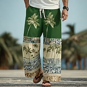 cheap Men's Printed Casual Pants-Men's Coconut Tree Palm Tree Tropical Plants Trousers Baggy Pants Casual Pants Mid Waist Hawaiian Outdoor Vacation Beach Wear Elastic Drawstring Waist Linen-Like Pants with Pockets Summer Spring 3D