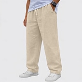 baratos Clássico-Homens Calças de linho Calças Calça verão Calças largas Calças de praia Com Cordão Cintura elástica Perna reta Tecido Conforto Respirável Comprimento total Casual Diário Feriado Moda Básico Preto