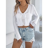 preiswerte Einfarbiger Cardigan-Damen Pullover Strickjacke Urlaub Mode Lässig Einfarbig Gehäkelt V Ausschnitt Schnürung Gestrickt Langarm Crop Tops Stricken Täglich Outdoor Wochenende Schwarz Weiß Sommer Frühling
