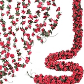 voordelige Kunstbloemen-8 stuks x 2,5 meter bloemenslinger van kunstmatige rozen met groene bladeren, hangende neprozenslinger voor kamer, feest, huis, bruiloft, verjaardag, kerst, muur, boogdecoratie, lente roze bloemen