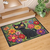 economico Zerbini-zerbino finto ricamato con elegante gatto nero circondato da un colorato giardino fiorito