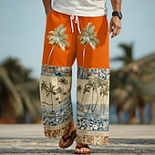 cheap Men's Printed Casual Pants-Men's Coconut Tree Palm Tree Tropical Plants Trousers Baggy Pants Casual Pants Mid Waist Hawaiian Outdoor Vacation Beach Wear Elastic Drawstring Waist Linen-Like Pants with Pockets Summer Spring 3D