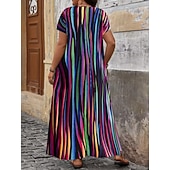 voordelige Gestreepte &amp; Geometrische Jurken-Dames Maxi-jurk Casual jurk T shirt jurk A lijn jurk Modieus Modern Dagelijks Vakantie Uitgaan Ruim Passend Gestreept Korte mouw V-hals blauw Blozend Roze Rood Paars Zomer Lente