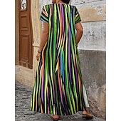 voordelige Gestreepte &amp; Geometrische Jurken-Dames Maxi-jurk Casual jurk T shirt jurk A lijn jurk Modieus Modern Dagelijks Vakantie Uitgaan Ruim Passend Gestreept Korte mouw V-hals blauw Blozend Roze Rood Paars Zomer Lente
