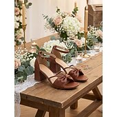 tanie Gość weselny-Brązowe sandały damskie na klockowym obcasie z węzłem, eleganckie buty z paskiem wokół kostki dla gości weselnych na weselach w ogrodzie