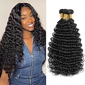 baratos 3 conjuntos de extensões de cabelo natural-Cabelo humano brasileiro, 3 pacotes, ondas profundas, cabelo humano Remy, trama de 12 a 30 polegadas, 300g