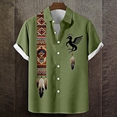 cheap Ethnic Pattern-Men's Geometric Indian Culture Native American Feather Shirt Button Up Shirt Short Sleeve Vintage Retro Daily Outdoor Vacation Summer Spring Turndown 3D Print Linen Like Shirt Blue Green Khaki Gray