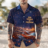  Hombre 4 de julio, 250 aniversario de Estados Unidos Cielo estrellado Bandera de EE. UU. Camisa Camisa Cubana Abotonar la camisa Manga Corta Patriótico Festivos Verano Primavera Camisa con cuello de