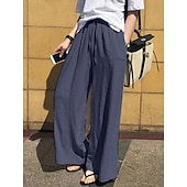 preiswerte Wesentliche Falsche Unterteile-Damen Kunstbaumwollleinen Weites Bein Chinos Sommerhose Urlaub Mode Streetwear Volle Länge Hohe Taille Einfach Tasche Elastischer Bund Bequem Komfort Weich Dehnbar Täglich Outdoor Straße Marineblau
