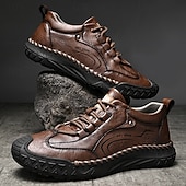 cheap Casual Lace-Up Shoes-Men's Brown Hand-Stitched Faux Leather Hiking Shoes – Rugged Casual Footwear for Outdoor Trekking &amp; Daily Street Style