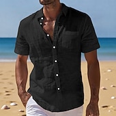  Voor heren Linnen overhemd Zomer overhemd Strand Kleding Overhemd met knopen Effen Casual Vakantie Zwart Wit Marineblauw Hemelsblauw Korte mouw Strijkijzer Zomer Kleding Zak