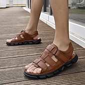 cheap Outdoor Sandals-Men's Faux Leather Velcro Strap Sandals, Breathable and Adjustable for Summer Vacations, Beach Days and Relaxed Casual Wear