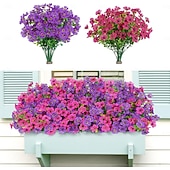 olcso Művirág-24 csokor művirág kültéri és beltéri használatra, fukszia színű &amp;lila műanyag művirágok százszorszép eukaliptusz levelekkel otthoni kerti dekorációhoz, verandára, ablakládába