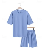 tanie Zestawy koszulek męskich Basic-Męskie T-shirt Garnitury 2 sztuki stroje Koszulka i spodenki Krótki rękaw Półgolf Lato Równina Moda Codzienny 2-częściowa Codzienny Urlop Dzienne zużycie Zgniła zieleń Czarny Biały Top Tee dla