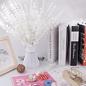 baratos Flor artificial-24 hastes artificiais de eucalipto branco, folhas e galhos de eucalipto de 38 cm (15 polegadas) para buquê de casamento e decoração de casa.