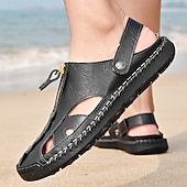 cheap Casual Sandals-Men's Brown Faux Leather Closed-Toe Sandals, Hand-Stitched Breathable Casual Shoes for Summer Outdoor &amp; Beach Wear