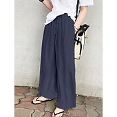 preiswerte Wesentliche Falsche Unterteile-Damen Kunstbaumwollleinen Weites Bein Chinos Sommerhose Urlaub Mode Streetwear Volle Länge Hohe Taille Einfach Tasche Elastischer Bund Bequem Komfort Weich Dehnbar Täglich Outdoor Straße Marineblau