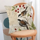 baratos Jogue travesseiros, inserções e capas-Capa de almofada decorativa em linho com estampa floral de primavera e pássaros, ideal para sala de estar, sofá e decoração de casa.