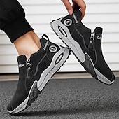 cheap Slip-On Casual Shoes-Men's Khaki and Black Slip-On Sneakers with Side Zipper, Lightweight Athletic Casual Shoes for Daily Walking, Travel and Outdoor Activities
