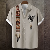 cheap Ethnic Pattern-Men's Geometric Indian Culture Native American Feather Shirt Button Up Shirt Short Sleeve Vintage Retro Daily Outdoor Vacation Summer Spring Turndown 3D Print Linen Like Shirt Blue Green Khaki Gray