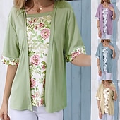 preiswerte Blumenblusen-Damen Bluse Patchwork Blumen Elegant Urlaub Lässig Halbarm Quadrathals Normale Oberteile Täglich Himmelblau Purpur Grün Khaki Sommer Frühling