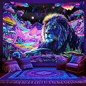 economico Arazzi Blacklight-Arazzo a luce nera raffigurante un maestoso leone in un paesaggio fantasy psichedelico, arazzo da parete reattivo ai raggi UV, perfetto per camera da letto, soggiorno, dormitorio e decorazioni per