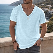 cheap Cotton Linen T-shirts-Men's Tee Top Linen T-Shirt Short Sleeve Short Sleeves Henley Collar Summer Plain Fashion Designer Basic Soft Casual Vacation Street Light Blue Top Tee for Men