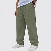 baratos Clássico-Homens Calças de linho Calças Calça verão Calças largas Calças de praia Com Cordão Cintura elástica Perna reta Tecido Conforto Respirável Comprimento total Casual Diário Feriado Moda Básico Preto