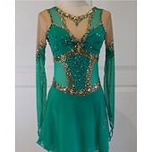 cheap Figure Skating Dresses-Figure Skating Dress Women's Ice Skating Dress Green Patchwork Open Back High Elasticity Training Competition Skating Wear Classic Crystal / Rhinestone Long Sleeve Ice Skating Figure Skating